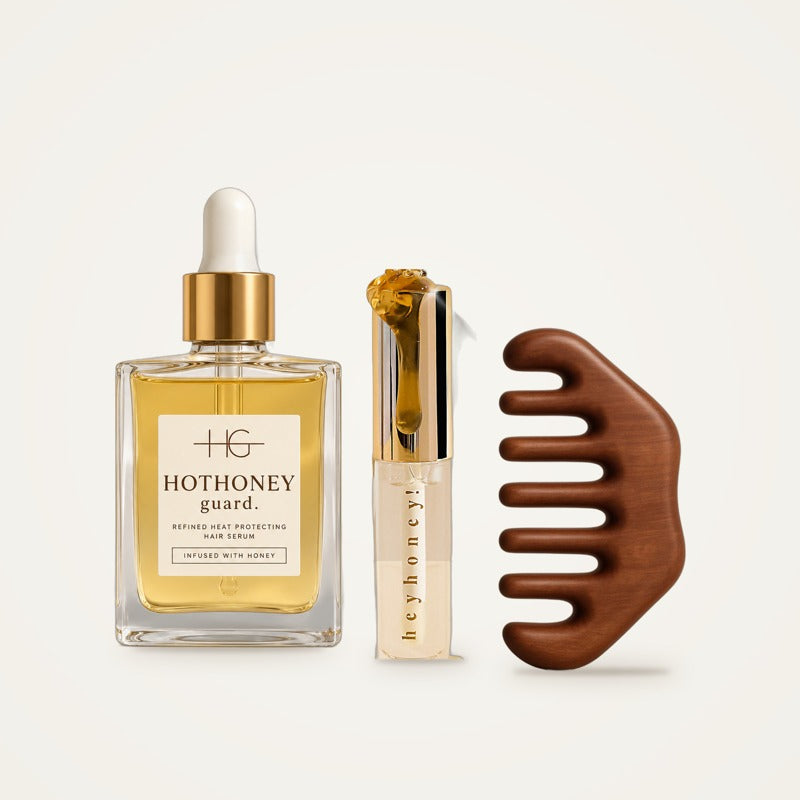 Hot Honey Glow-Up Kit: HotHoney Guard heat protectant serum, HeyHoney lip serum and sandalwood wooden comb